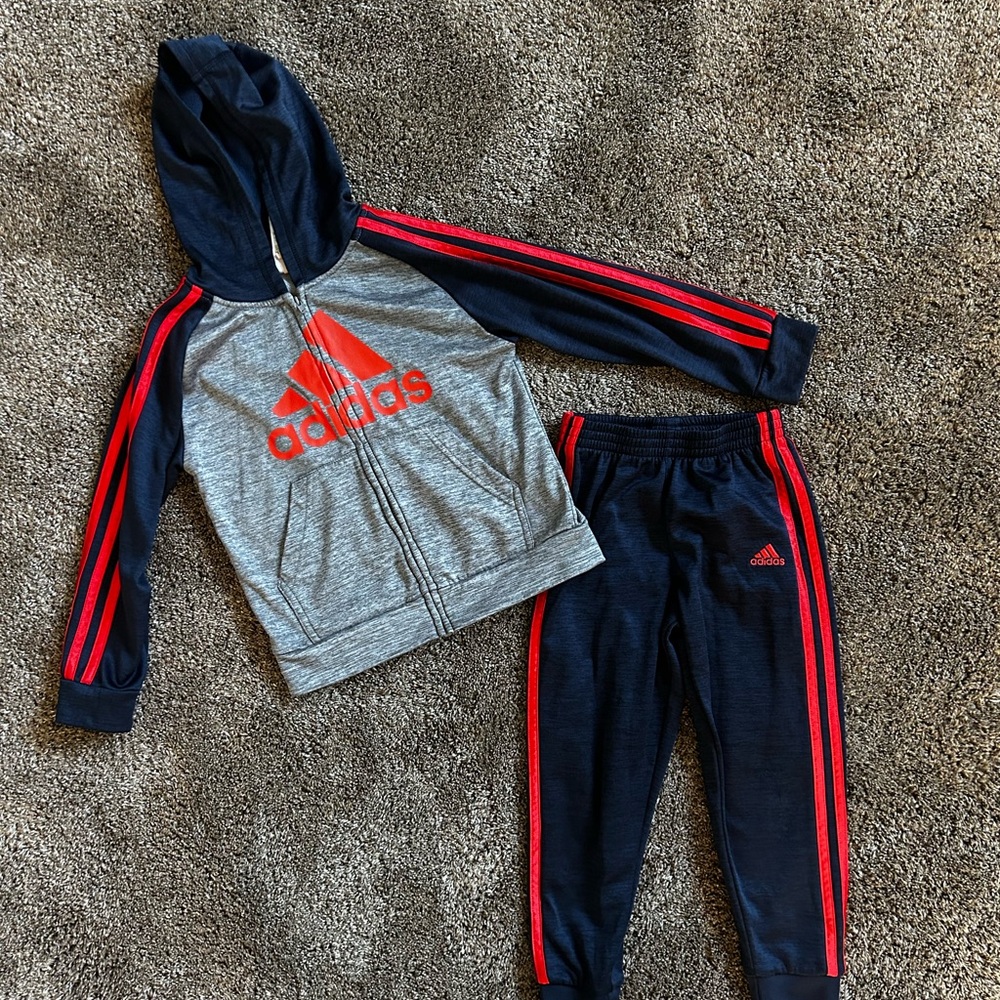 Adidas Kids' Gray and Navy Tracksuit with Red Stripes Size 6